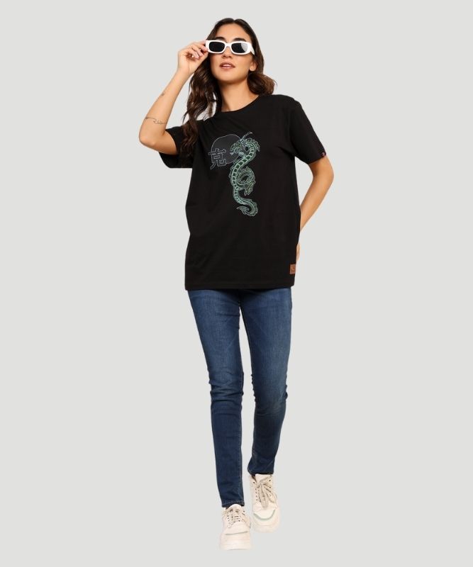 Women's Black Graphic Print Half Sleeves Oversized Fit T-Shirt
